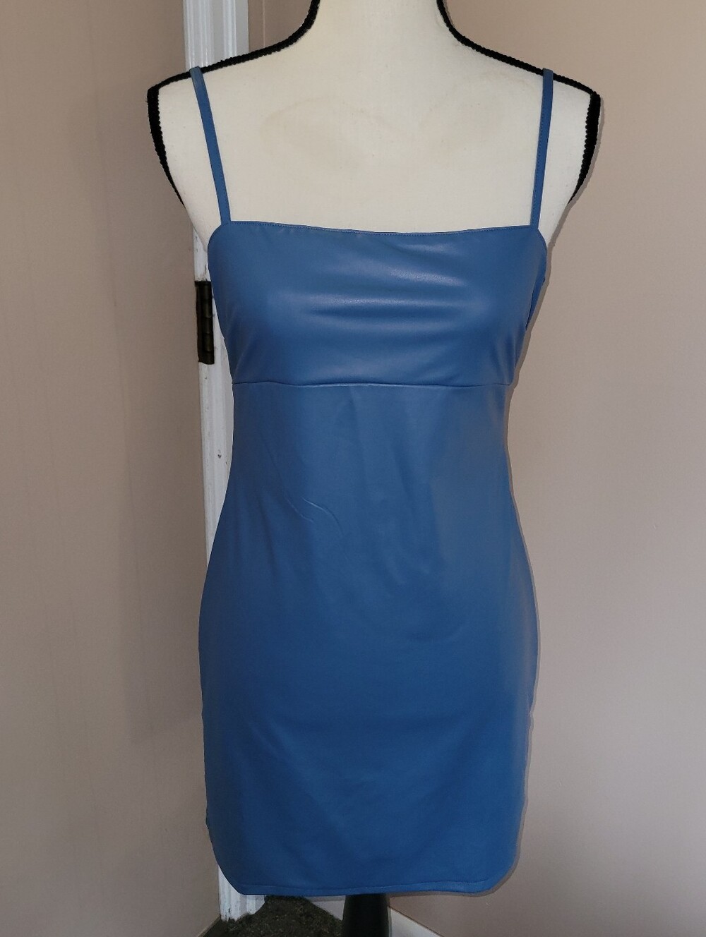 Sleek Blue Faux Leather Spaghetti Strap Mini Dress
